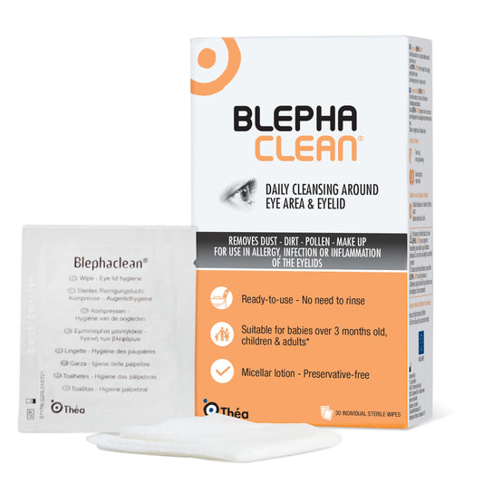 Thea Pharma BlephaClean Lid Wipes - Gentle, Sterile Ready-to-Use for Daily Lid Care, Ideal for those diagnosed with Dry Eye, including MGD & Blepharitis and Infants, Individually Wrapped - 30 Wipes - Available at All In One Marketplace Canada