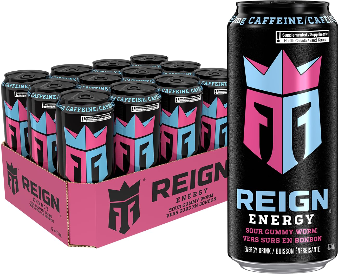 REIGN ENERGY, Sour Gummy Worm, 473 mL Cans (12 Pack) – Zero Sugar Energy Drink with BCAAs and Electrolytes 🍁 All In One Marketplace Canada