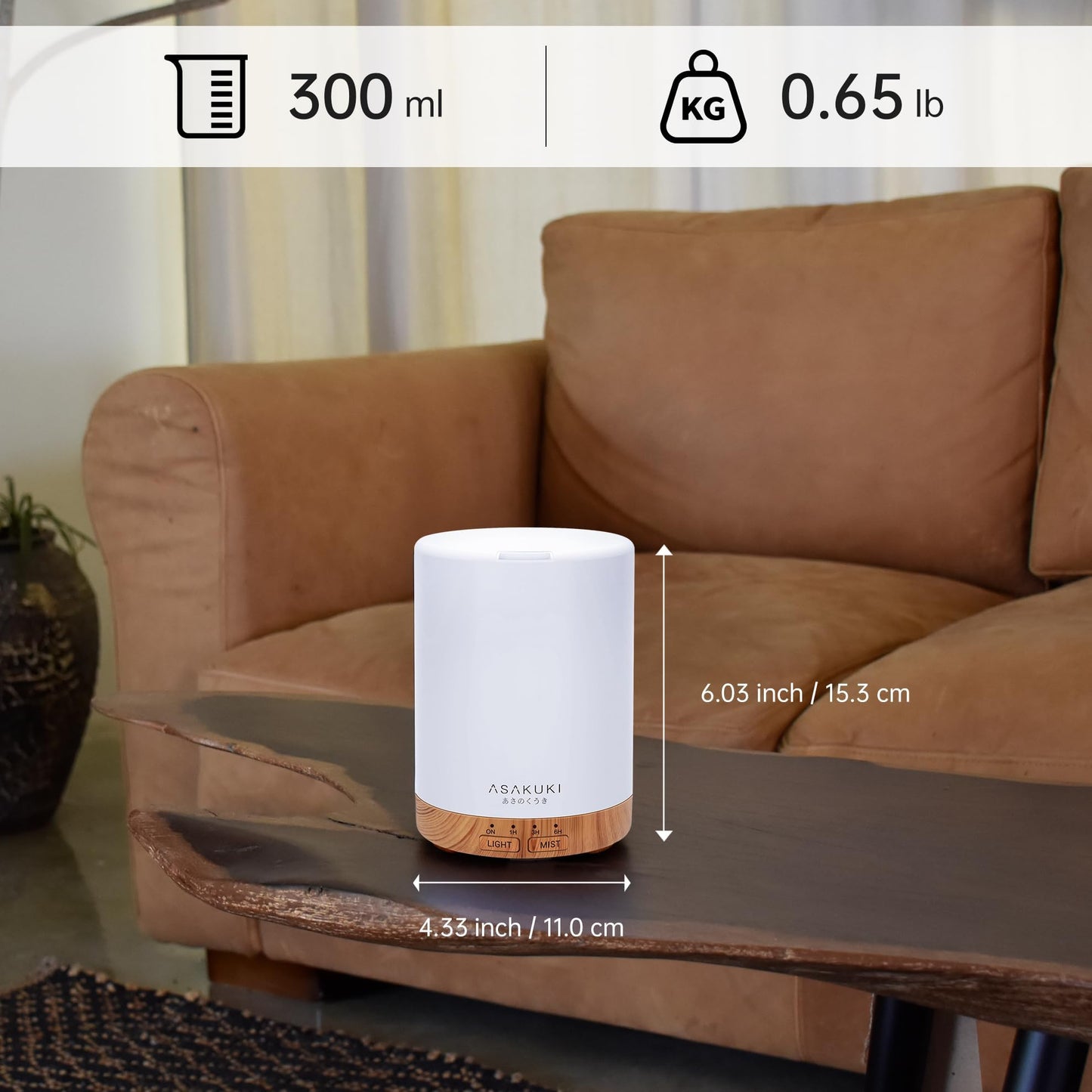ASAKUKI 300ml Essential Oil Diffuser, Ultrasonic Aroma Diffuser for Essential Oils, Scent Diffuser, Fragrant Humidifier, 3 Timers and Auto-Off, 7 LED Light Colors for Home Office - Available at All In One Marketplace Canada