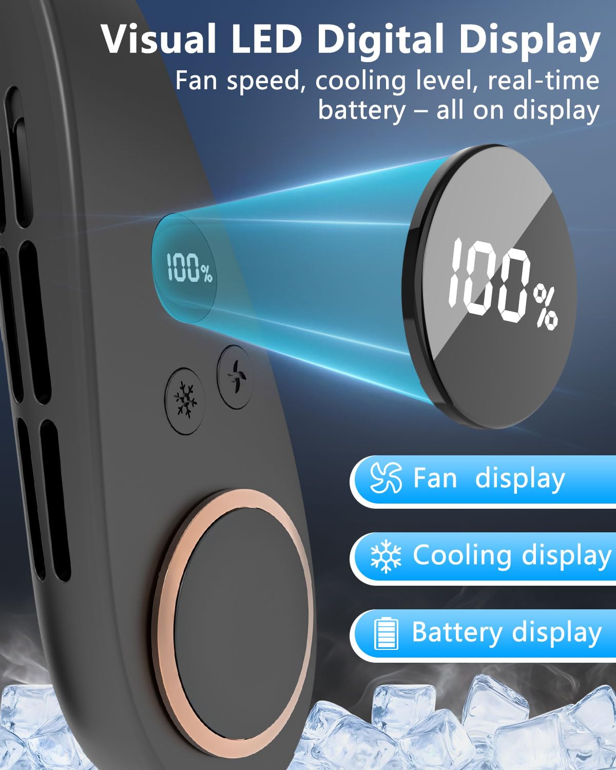 Neck Fan with Cooling Plate-5500mAh Rechargeable, Ultra Quiet Operation, 5 Speeds & 3 Cooling Modes, USB-C Fast Charging, LED Display Battery & Speed, Bladeless Wearable Neck Cooler for Travel Black - Available at All In One Marketplace Canada