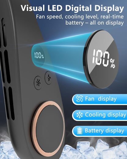 Neck Fan with Cooling Plate-5500mAh Rechargeable, Ultra Quiet Operation, 5 Speeds & 3 Cooling Modes, USB-C Fast Charging, LED Display Battery & Speed, Bladeless Wearable Neck Cooler for Travel Black - Available at All In One Marketplace Canada