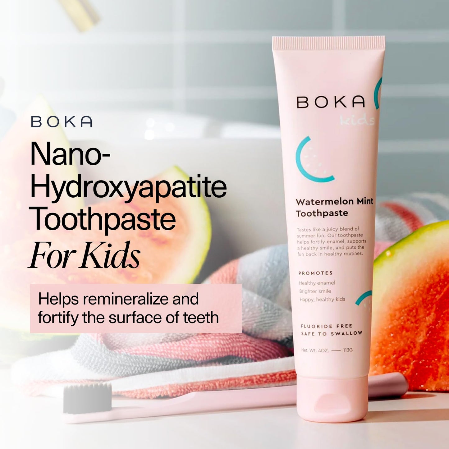 Boka Fluoride Free Toothpaste, Nano Hydroxyapatite, Training Toothpaste - Watermelon Mint Flavor, 4 Fl Oz (113g) 1Pk