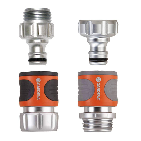 Gardena 9042-M 4-Piece Premium Metal Quick Connector Starter Set, for Any 5/8 Inch or 1/2 Inch Garden Hose, Sprinkler or Spray Nozzle, Made in Germany