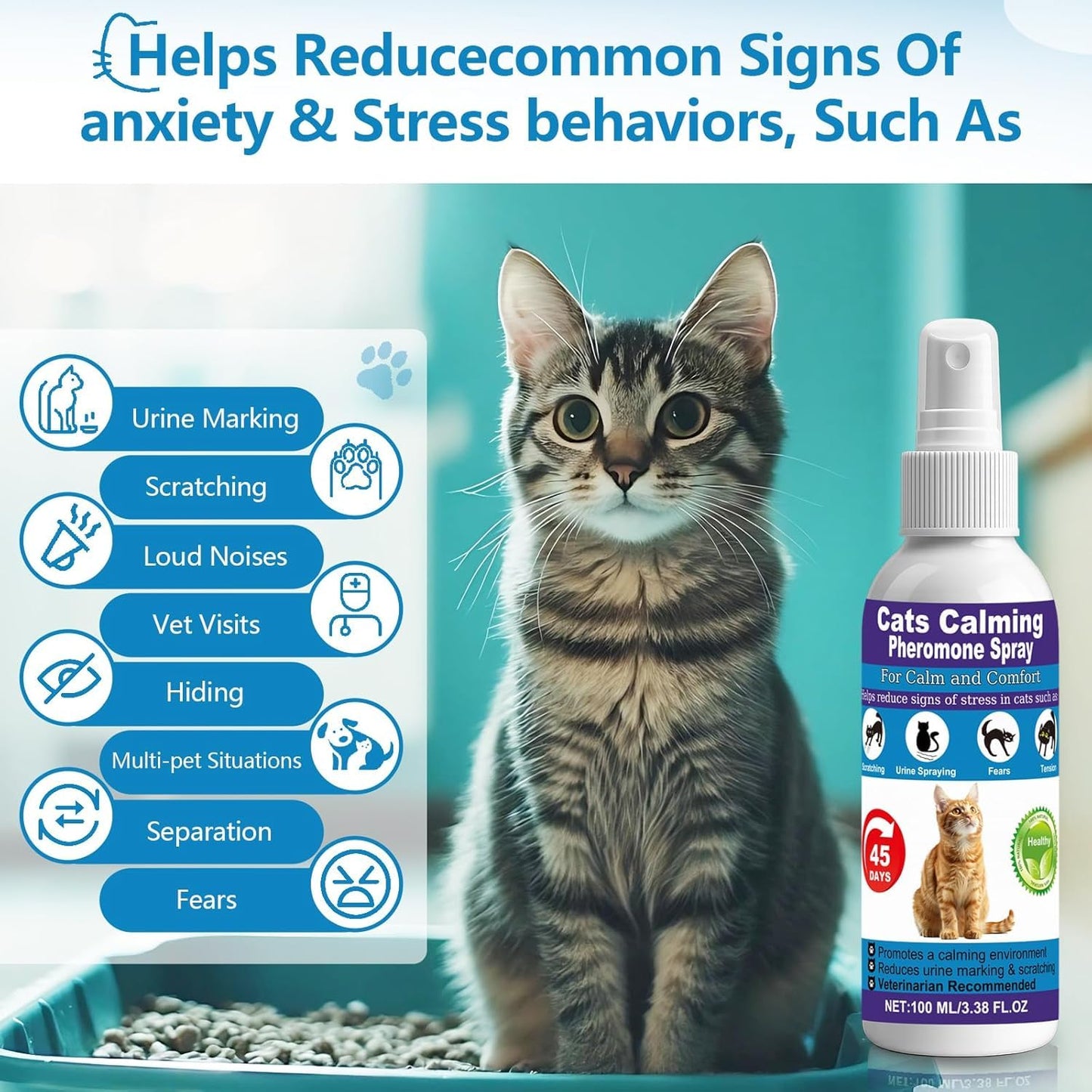 Cat Calming Spray & Cat Pheromone Spray – Stress & Anxiety Relief for Cats & Kittens, Reduces Scratching, Peeing & Marking, Safe Drug-Free Formula with F3 Cat Pheromones,2 Pack - Available at All In One Marketplace Canada