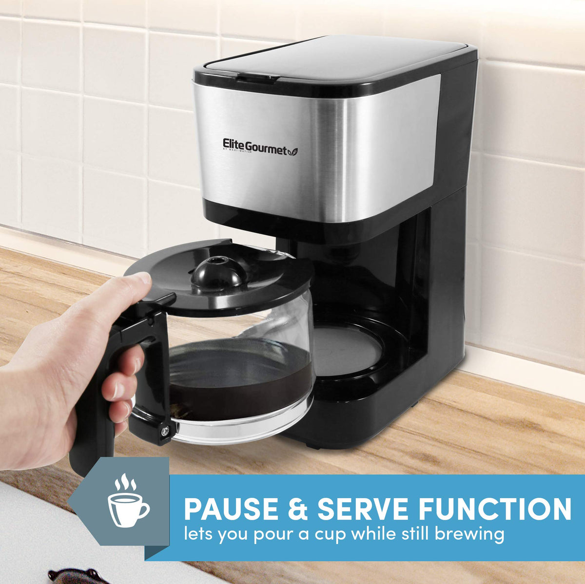 Elite Gourmet Automatic Brew & Drip Coffee Maker, with PaCae N Serve, ReCaable Filter, On/Off Switch, Water Level Indicator, 5-Cup, Stainless Steel, EHC9420