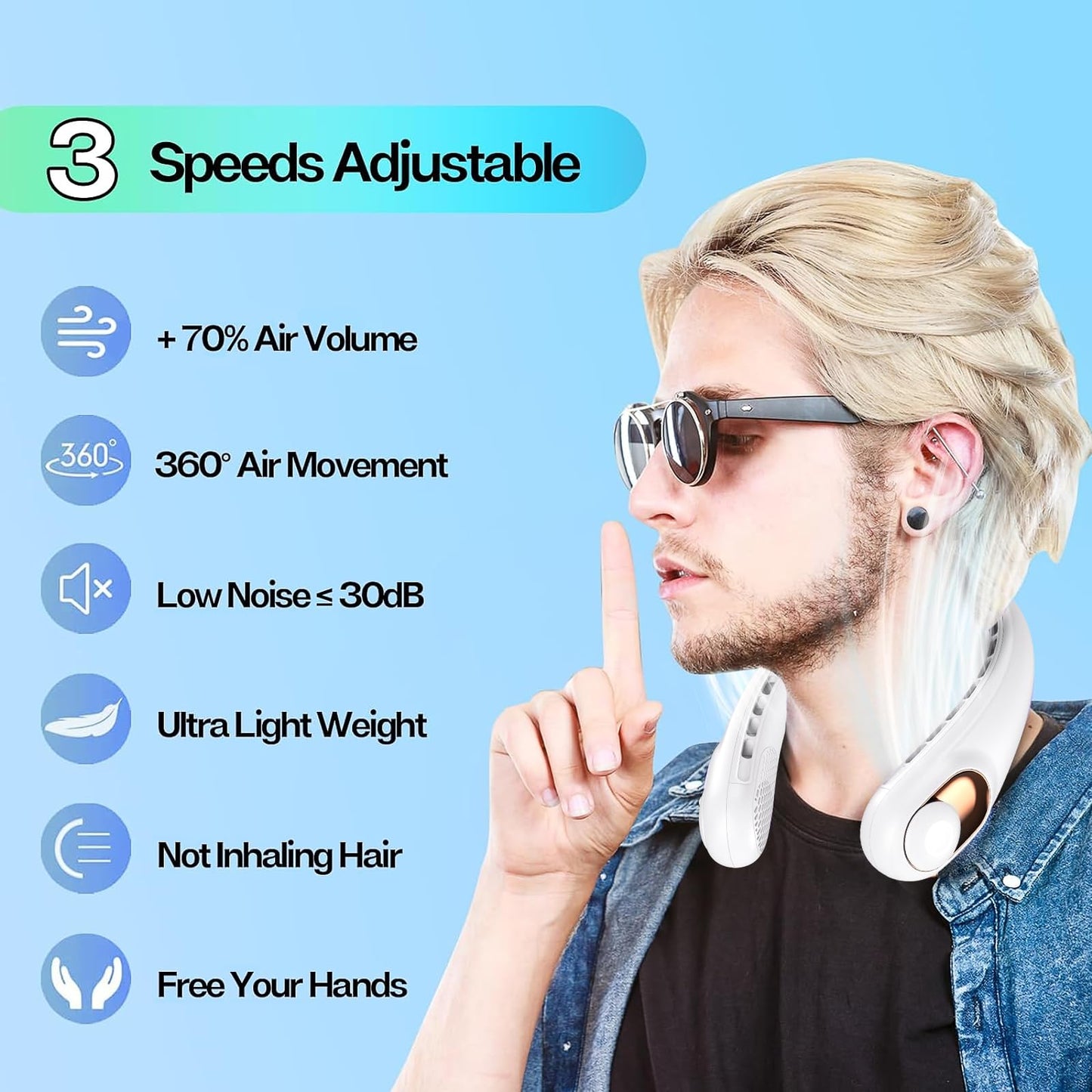 Neck Fan Rechargeable with LED Display & 360° Cooling Airflow, Portable Fan Bladeless Cooler, 4000mAh Battery, 3 Speed Settings, Ultra-Quiet Personal Fans for Home, Office, Travel, Sports - White - Available at All In One Marketplace Canada