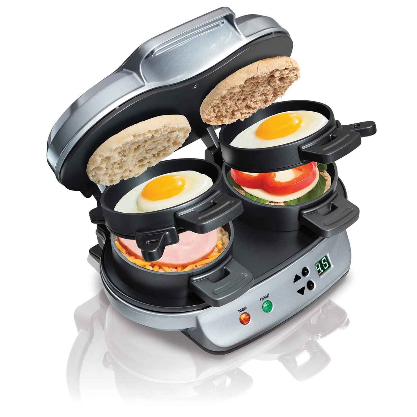 Hamilton Beach Dual Breakfast Sandwich Maker with Audible Timer, Ready in 5 Minutes, Removable Dishwasher Safe PFAS-Free Non-Stick Egg Cooker Ring, Silver (25490MNC) Hamilton Beach