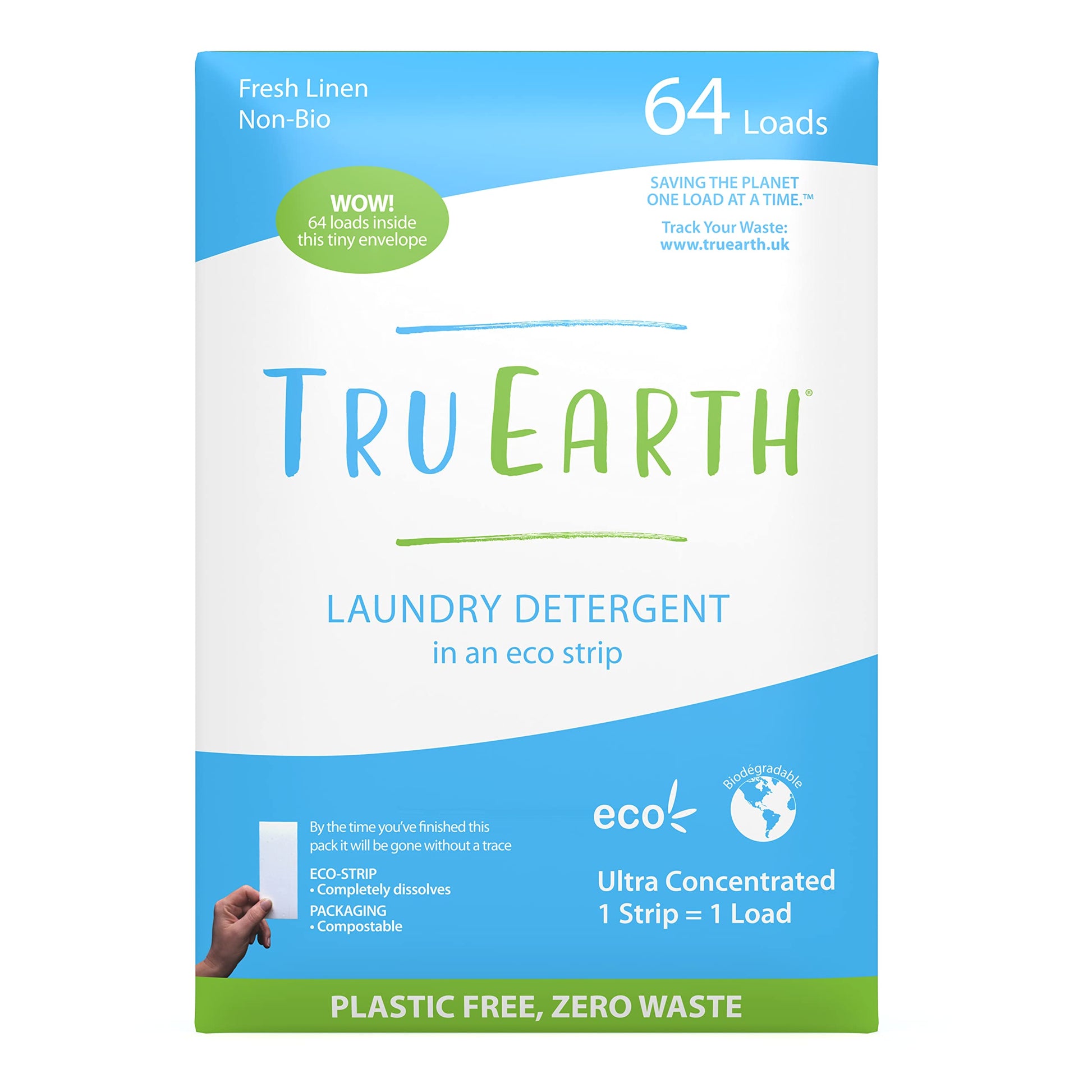 Tru Earth Compact Dry Laundry Detergent Sheets - Up to 128 Loads (64 Sheets) - Paraben-Free - Original Eco-Strip Liquidless Laundry Detergent, Laundry Sheets - Fresh Linen