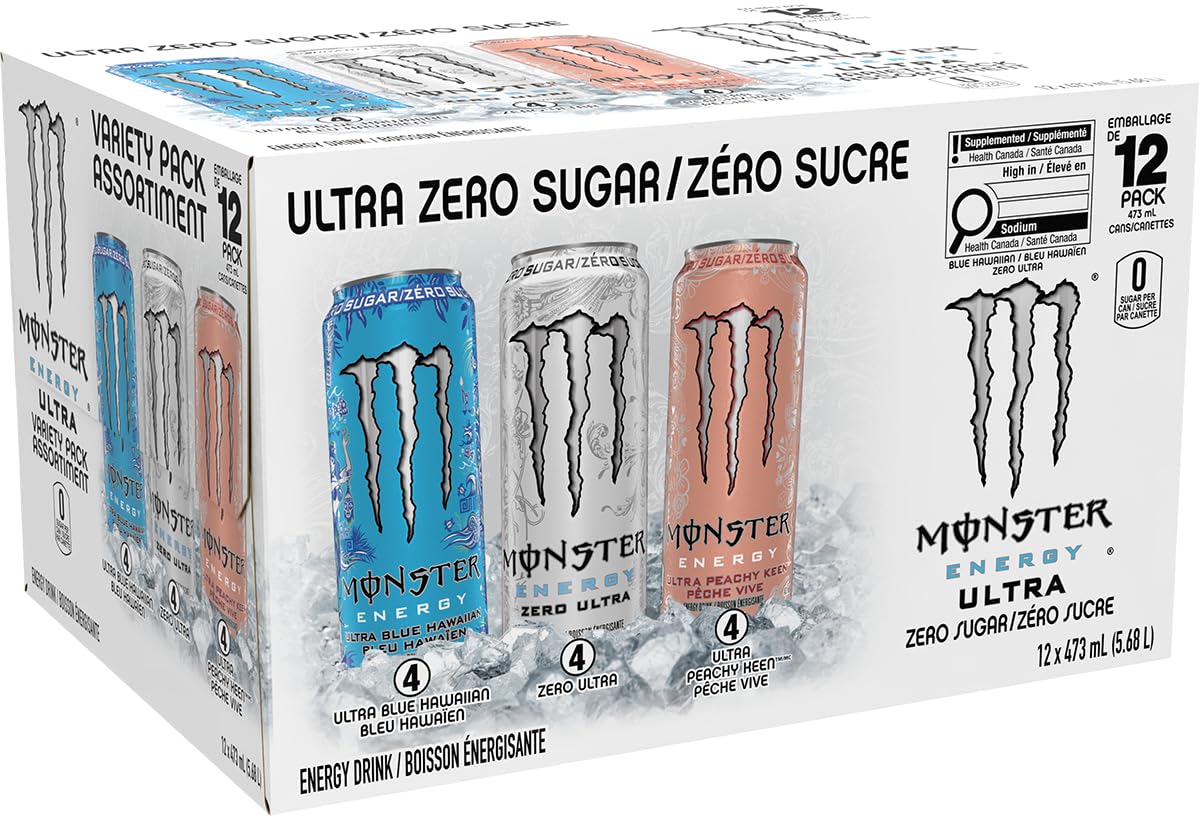 Monster Energy, Ultra Variety Pack (Zero Ultra, Ultra Blue Hawaiian, Ultra Peachy Keen), 473mL (12 Pack) - Zero Sugar Energy Drink