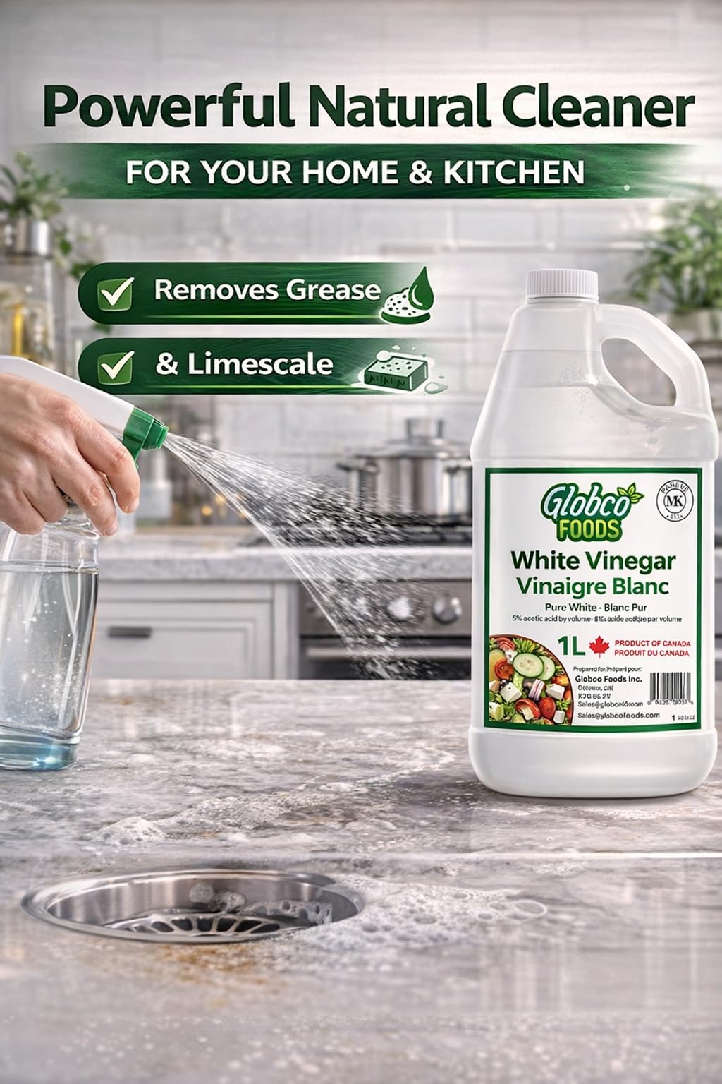Globco Foods Pure White Vinegar 1L - Allergen-Free & Gluten-Free - No Additives - Ideal for Cooking & Cleaning - Multi-Purpose Cleaner for Kitchen, Bathroom & Laundry - Premium Quality- Made in Canada - Available at All In One Marketplace Canada