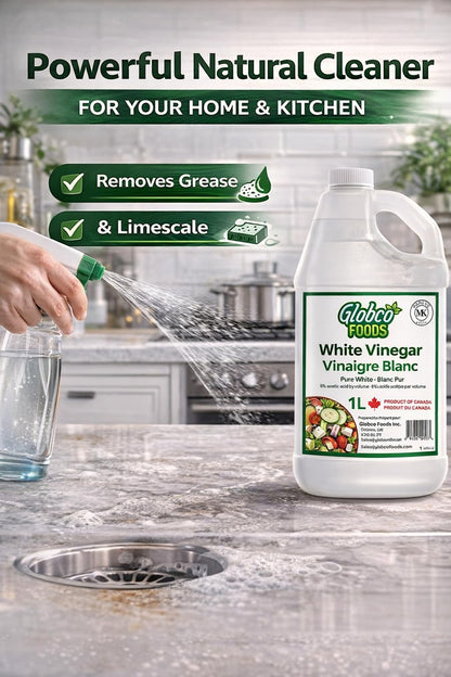 Globco Foods Pure White Vinegar 1L - Allergen-Free & Gluten-Free - No Additives - Ideal for Cooking & Cleaning - Multi-Purpose Cleaner for Kitchen, Bathroom & Laundry - Premium Quality- Made in Canada - Available at All In One Marketplace Canada
