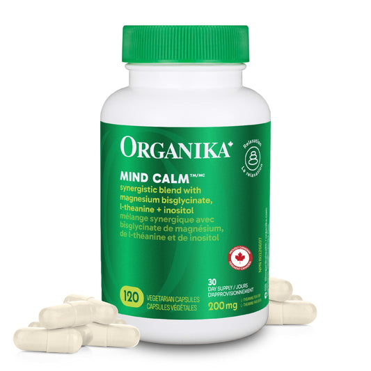 Organika Canadian-Made Mind Calm- with Magnesium Bisglycinate, L-Theanine, GABA, Inositol- Promotes Relaxation and Calm without Drowsiness- 120vcaps - Available at All In One Marketplace Canada