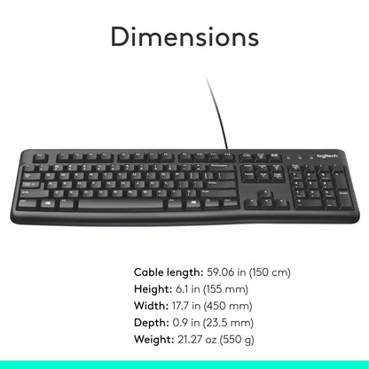 Logitech K120 Full Size Wired Keyboard USB Plug-and-Play Windows - Black