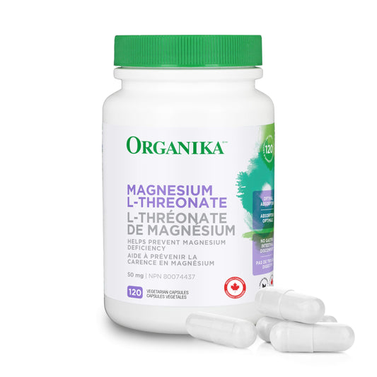 Organika Magnesium L-Threonate- High Absorption to Boost Magnesium Levels- 120vcaps - Available at All In One Marketplace Canada