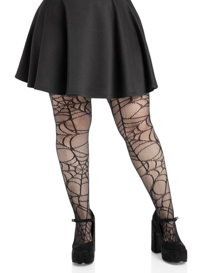 Leg Avenue Spiderweb Halloween Tights Goth Fishnets Alt Clothes Black Patterned Tights for Women, Black, Black, 1X-2X