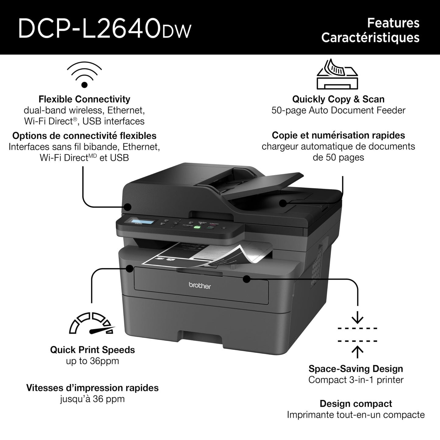 Brother DCP-L2640DW Business Monochrome Multifunction Laser Printer with 700 Prints in-Box