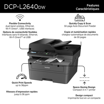 Brother DCP-L2640DW Business Monochrome Multifunction Laser Printer with 700 Prints in-Box