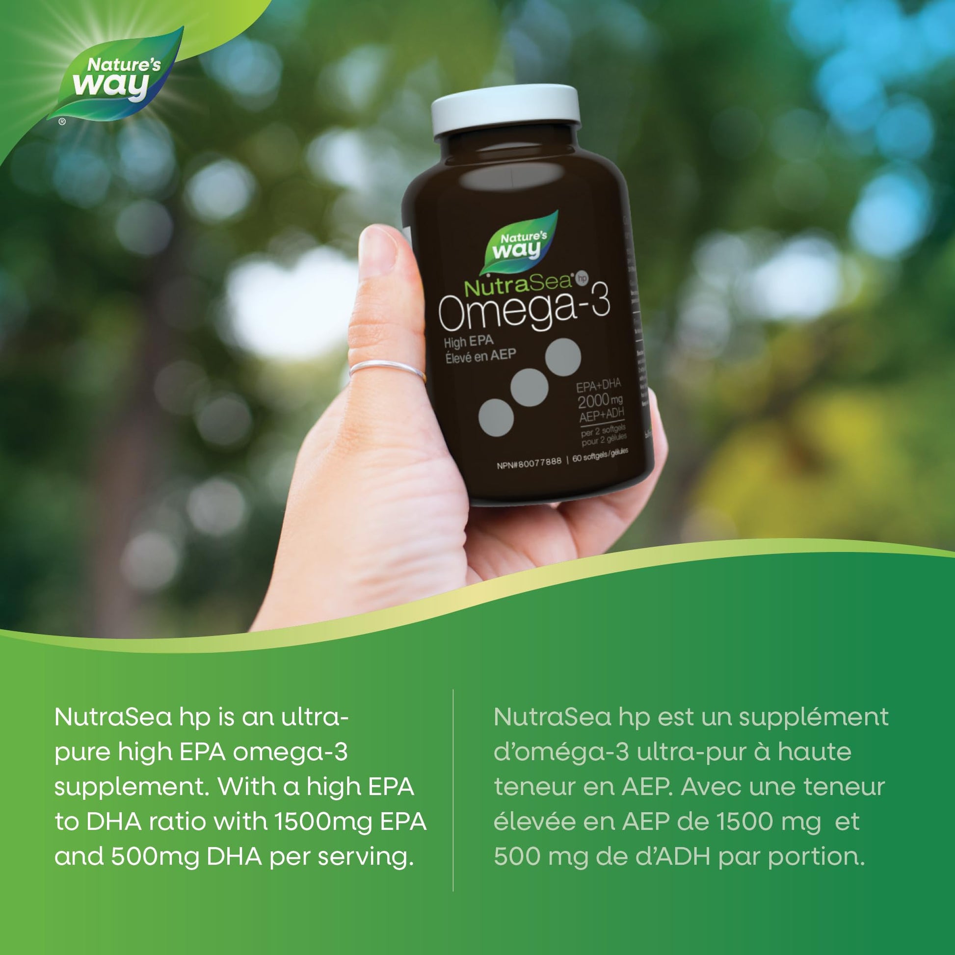 Nature's Way NutraSea HP Omega 3 Extra Strength Supplement with Fish Oil – Fresh Mint Flavour – Heart & Brain Support for Adults and Kids 9+ – 60 Softgels - Available at All In One Marketplace Canada