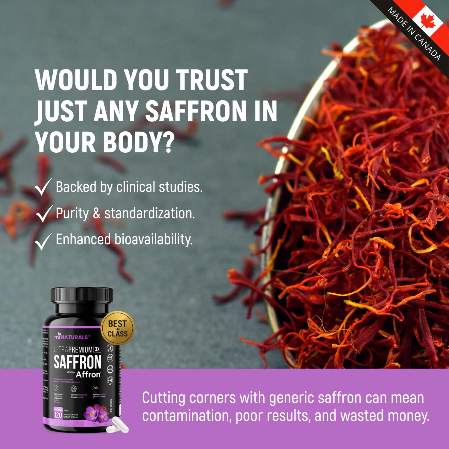 miNATURALS Saffron Supplements 120 Capsules | Clinically Studied Affron Saffron Extract | Stress & Mood Support for Men, Women & Teens | Pure Saffron Pills - Available at All In One Marketplace Canada