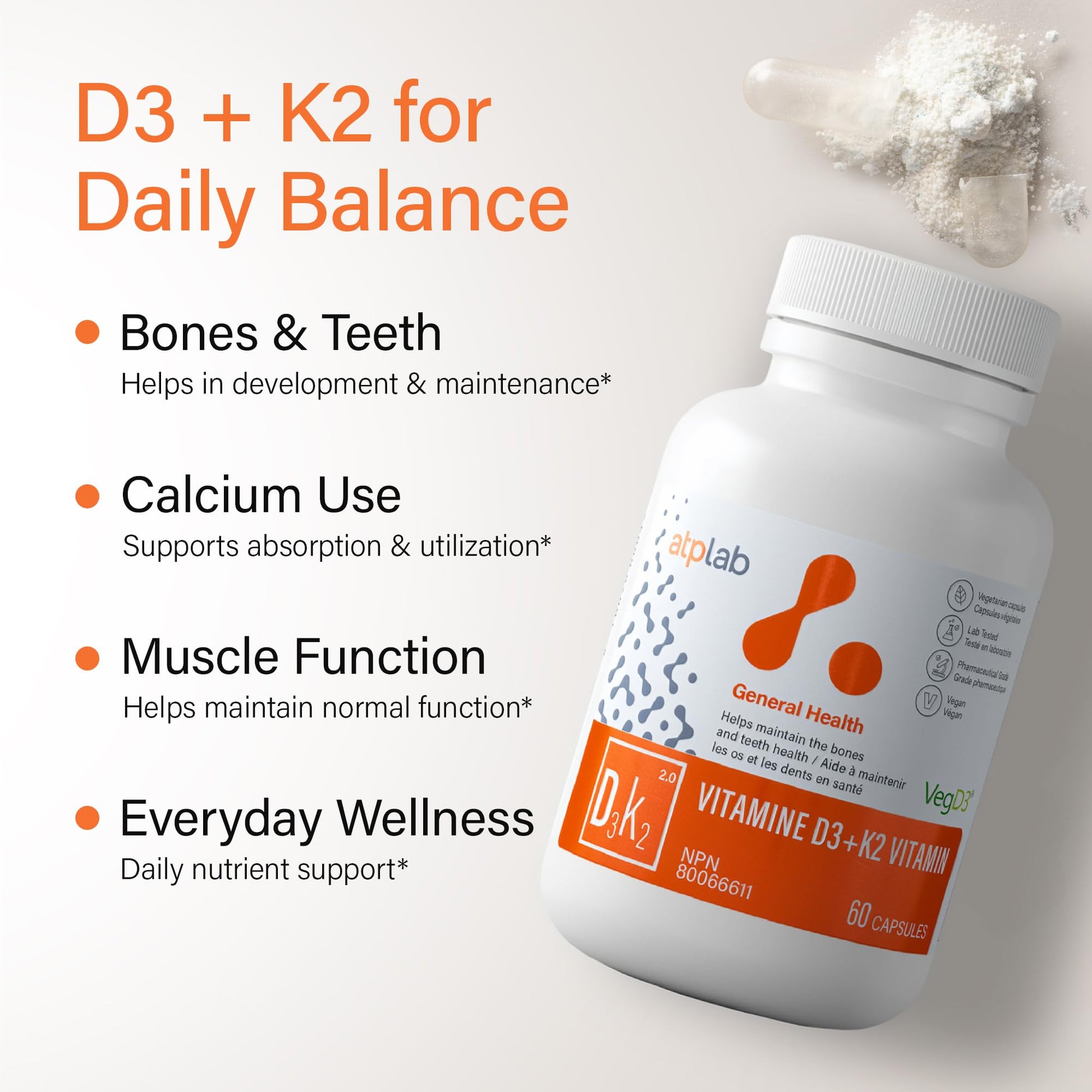 ATP LAB Vitamin D3K2 Supplement - 60 Vegetarian Capsules - 60 Day Supply - Plant-Based K2 MK-7 60 mcg & D3 1000 IU - Supports Bone & Teeth Health - Available at All In One Marketplace Canada
