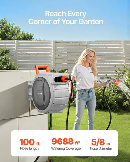 VEVOR Retractable Garden Hose Reel, 5/8 Inch x 100 ft Wall Mounted Hose Reel, Heavy Duty Garden Hose Reel with 9 Patterns Nozzle, Any Length Lock, Upgraded Slow Return System and 180°Swivel Bracket 🍁 All In One Marketplace Canada