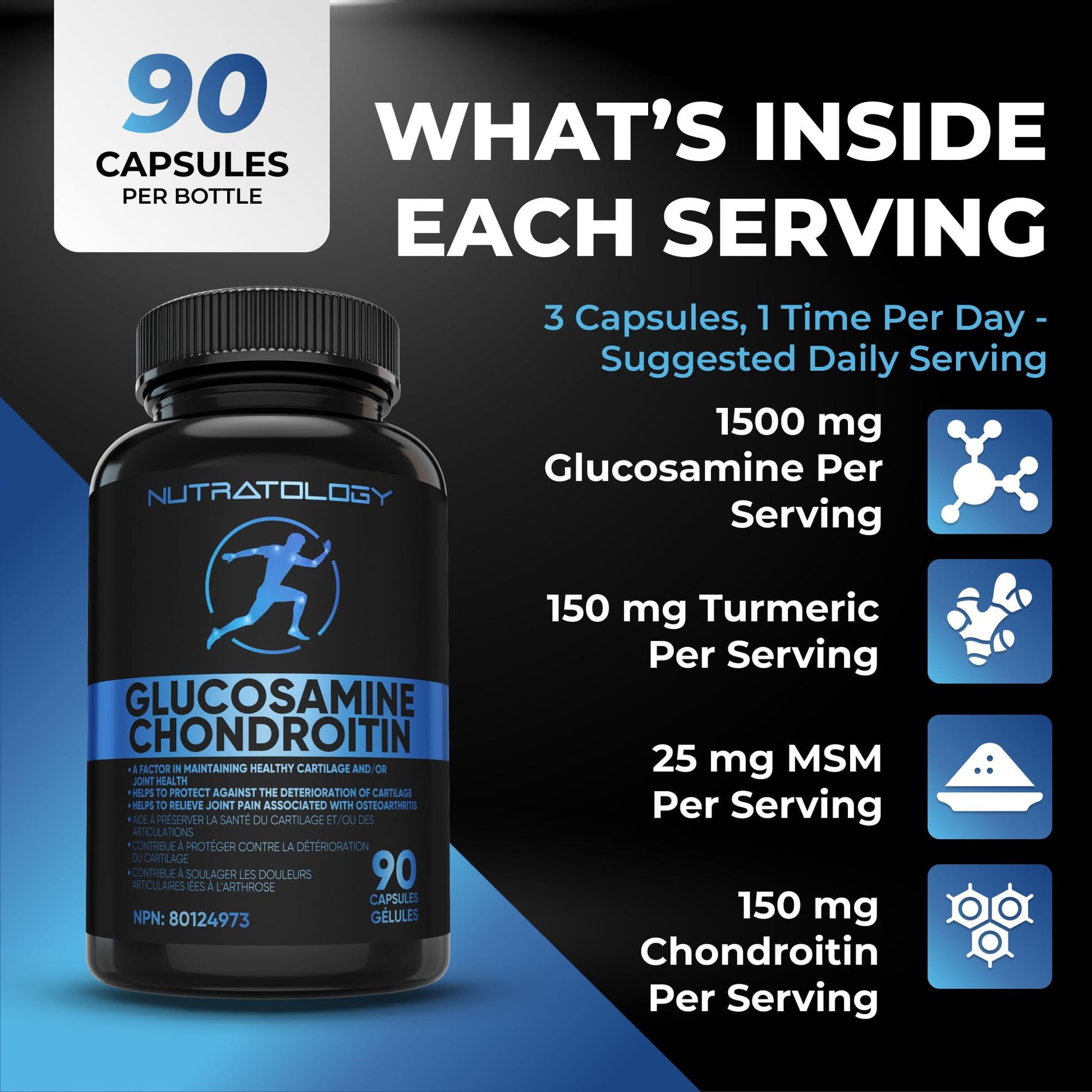 Nutratology® Glucosamine Joint Supplement with Chondroitin, MSM & Turmeric | Canadian-Made | Joint Pain Relief Supplements - 1500MG Glucosamine - Supports Healthy Joints & Cartilage - 90 Capsules - Available at All In One Marketplace Canada