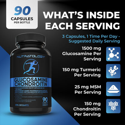 Nutratology® Glucosamine Joint Supplement with Chondroitin, MSM & Turmeric | Canadian-Made | Joint Pain Relief Supplements - 1500MG Glucosamine - Supports Healthy Joints & Cartilage - 90 Capsules - Available at All In One Marketplace Canada