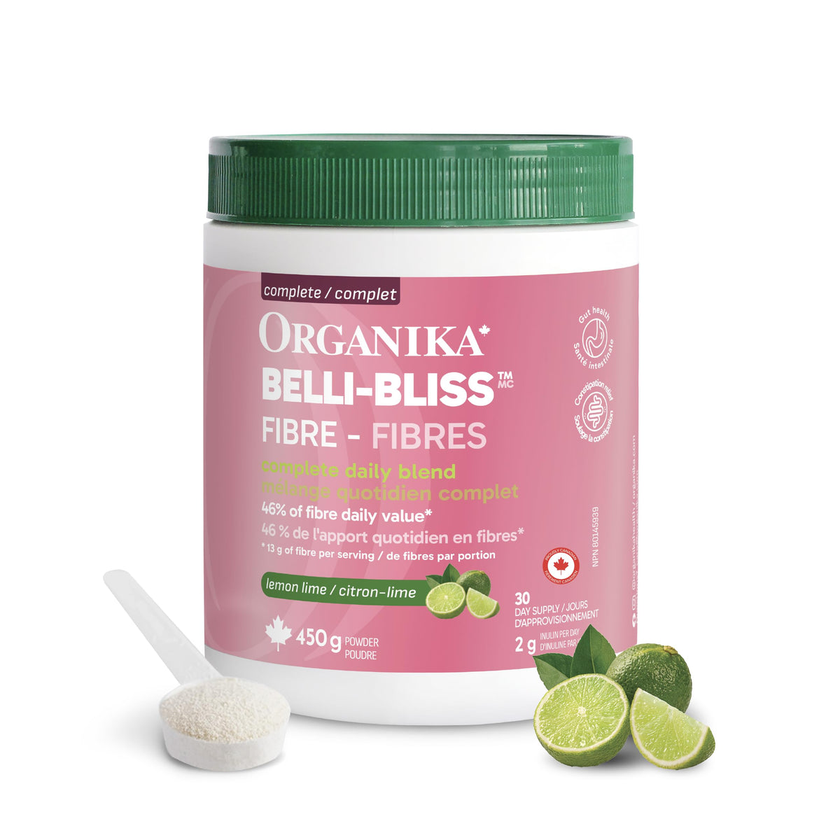 Organika Belli-Bliss Fibre– Daily Prebiotic Fiber Blend for Digestive Health- Supports Healthy Gut Bacteria, Gentle Constipation Relief, Mixable Fiber Supplement- Lemon Lime, 450g