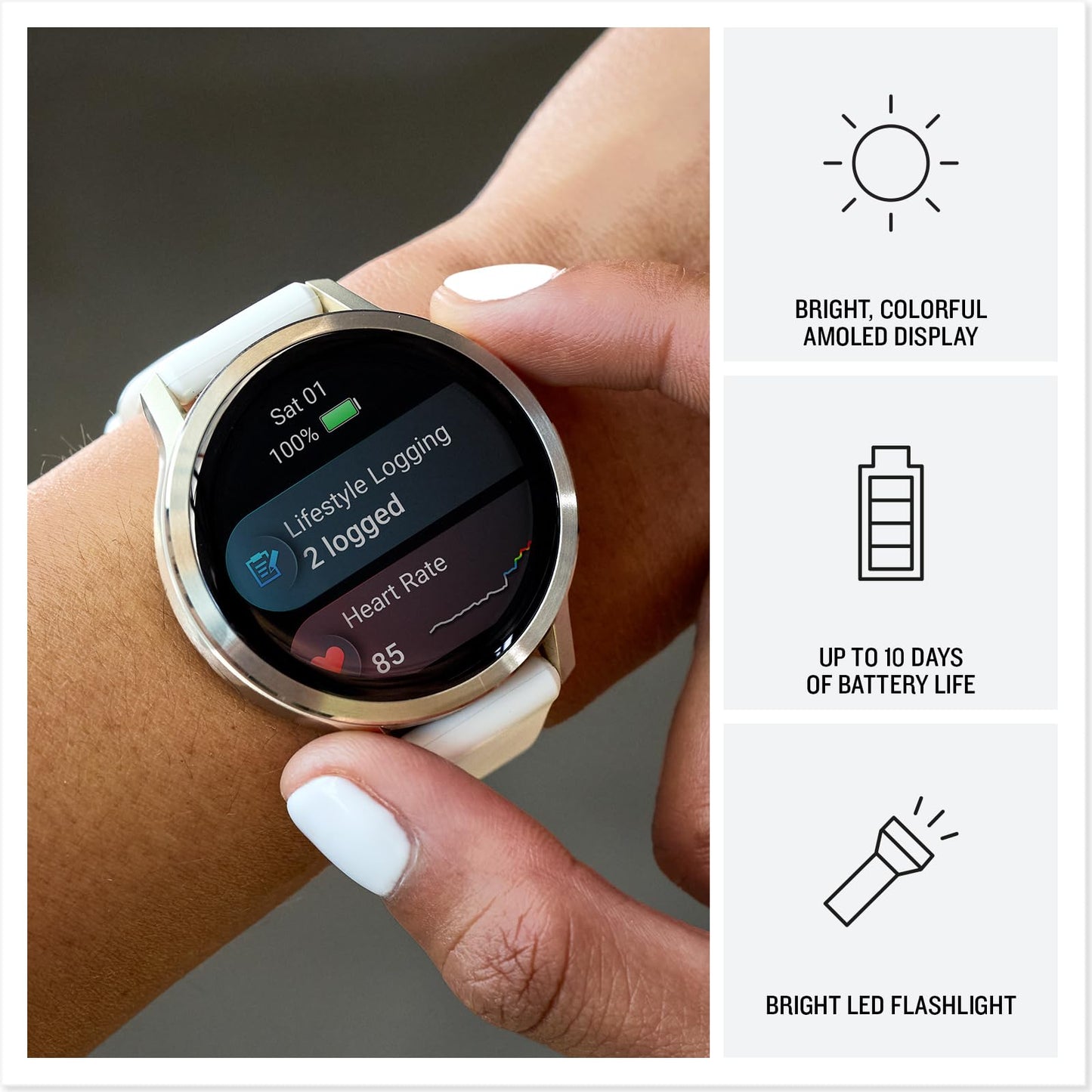 Garmin Venu® 4, 41mm, Advanced Health and Fitness GPS Smartwatch, Bright and Colorful Display, Built-in Flashlight, 10 Days of Battery Life, Lunar Gold with Bone Silicone Band 🍁 All In One Marketplace Canada