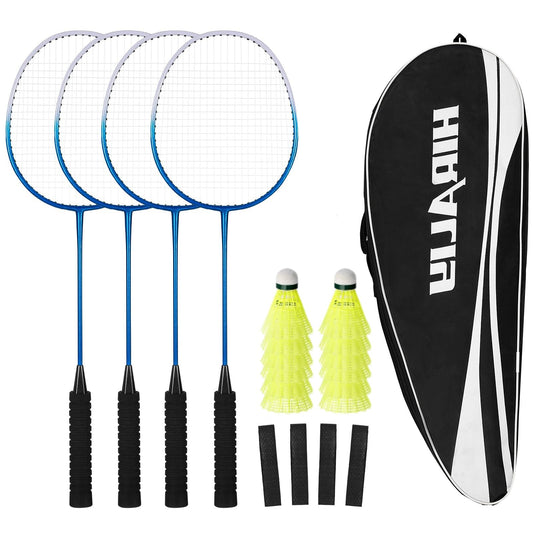 HIRALIY Badminton Rackets for Outdoor Backyard Games, Lightweight Badminton Set of 4 for Kids & Adults & Beginners, Including 4 Rackets, 12 Nylon Shuttlecocks, 4 Replacement Grip Tapes, 1 Carrying Bag - Available at All In One Marketplace Canada