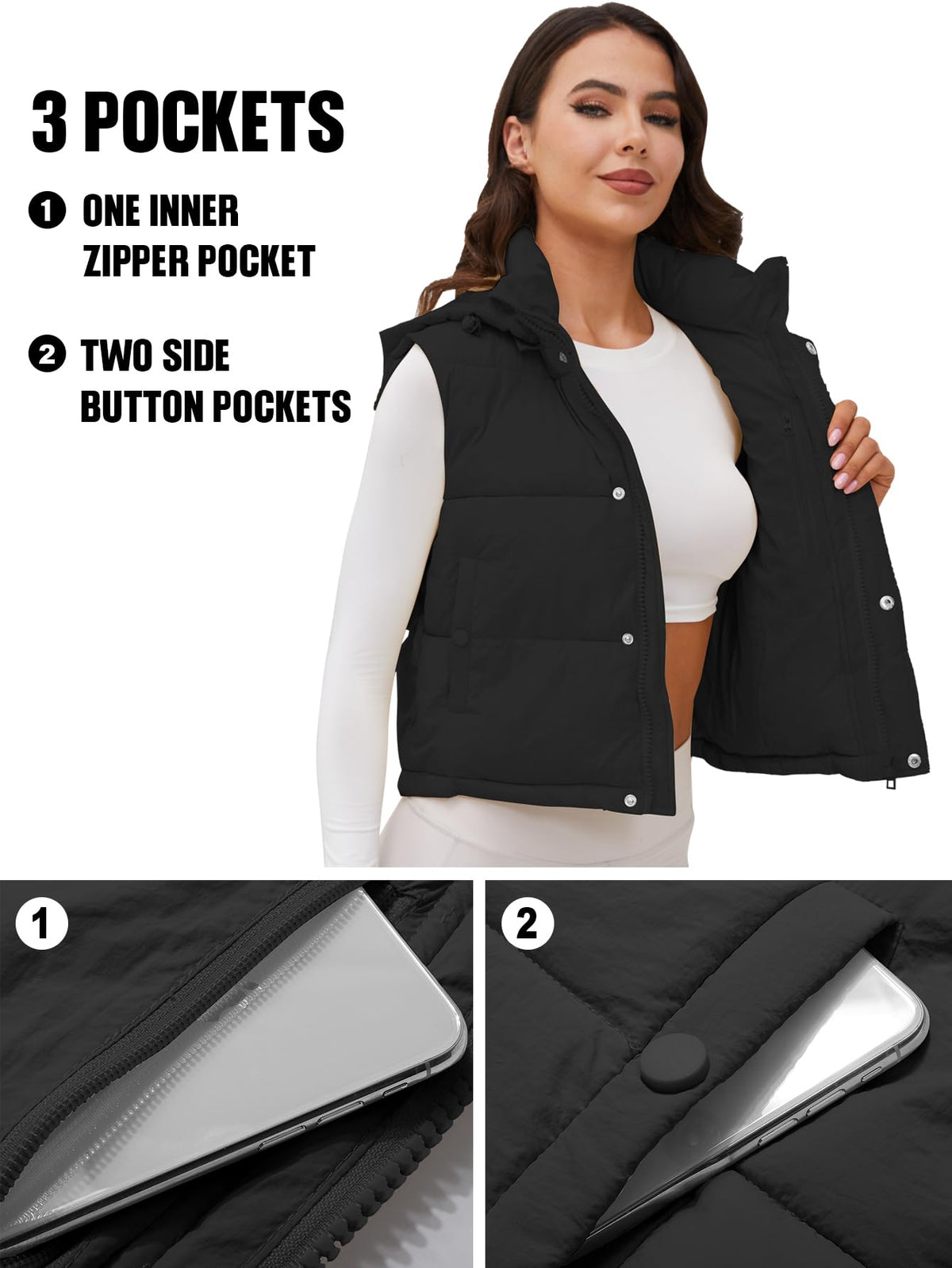 Ogfao Womens Puffer Vest with Hood Winter Warm Outerwear Cropped Vests with Pockets Black S 🍁 All In One Marketplace Canada