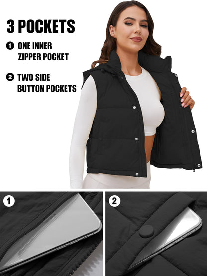 Ogfao Womens Puffer Vest with Hood Winter Warm Outerwear Cropped Vests with Pockets Black S 🍁 All In One Marketplace Canada