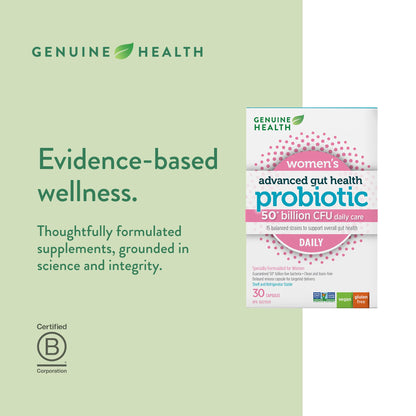 Genuine Health Advanced Gut Health Probiotic Women's Daily 50 Billion CFU - Healthy Digestion & Gut Flora Support - Women’s Probiotic - Vegan, Gluten-Free & Non-GMO - 30 Capsules (30 Servings) - Available at All In One Marketplace Canada