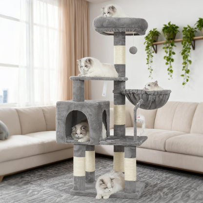 Heybly Cat Tree with Toy, Cat Tower condo for Indoor Cats, Cat House with Padded Plush Perch, Cozy Hammock and Sisal Scratching Posts, Light Gray S HCT004SW
