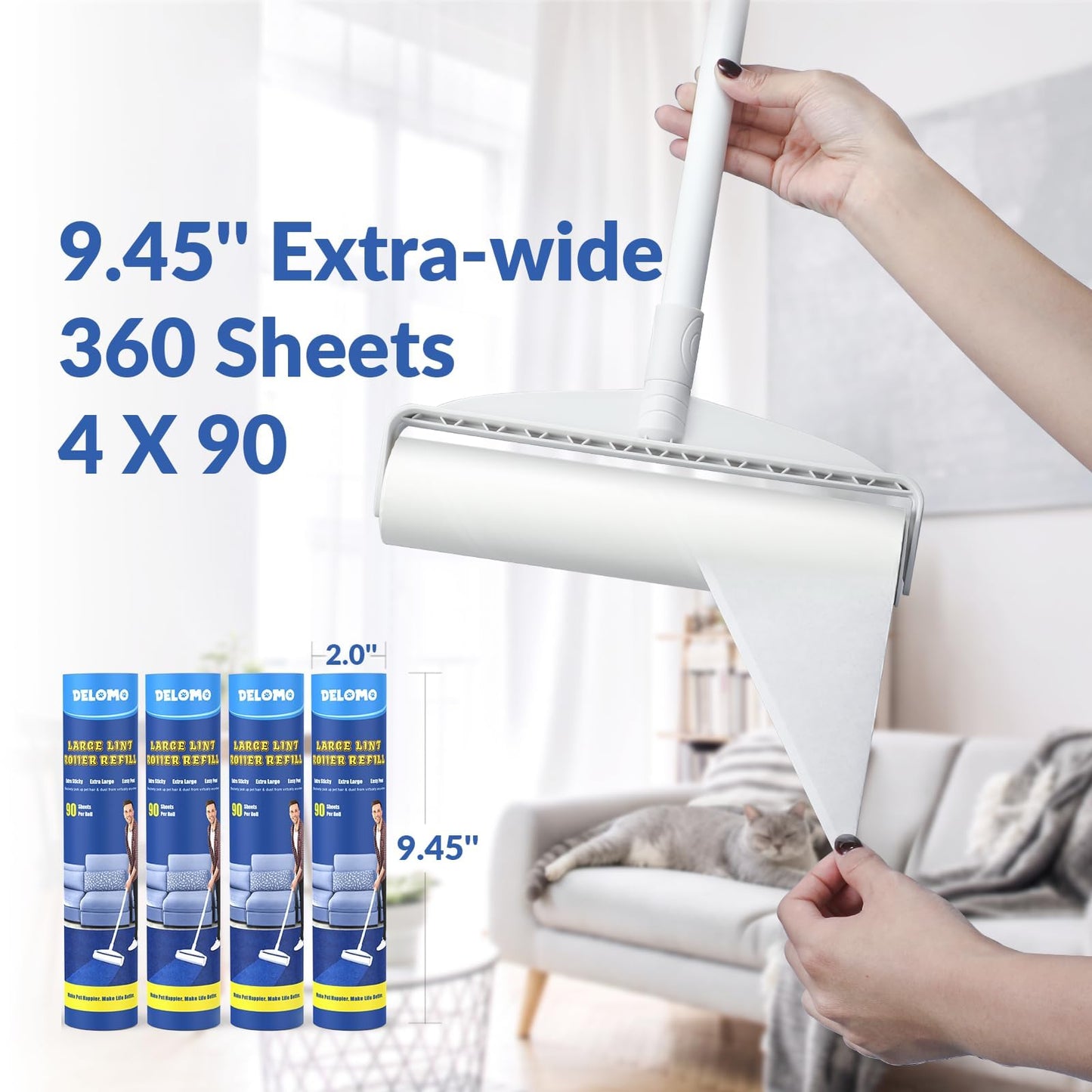 Large Lint Rollers for Carpet, Sticky Rollers for Floor DELOMO 9.45 in with 3 Extendable Handle, Long Handle Sticky Mop for Cleaning Carpets, Cars, Bedding, and Pet Hair, Ideal Gift for Pet Owners - Available at All In One Marketplace Canada
