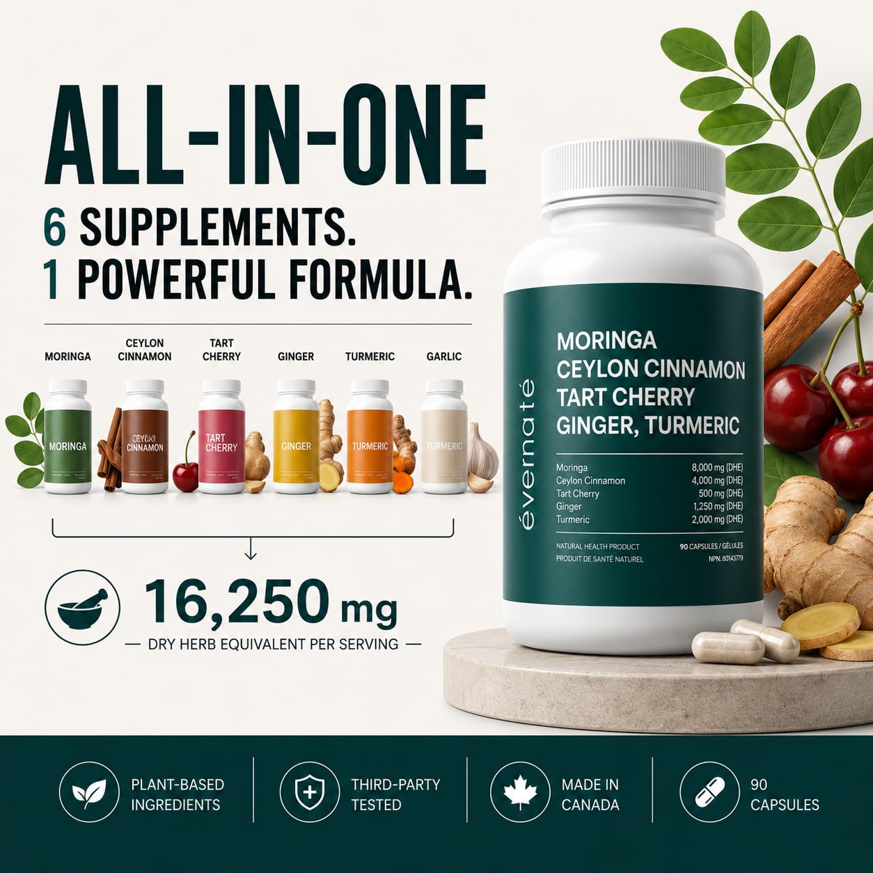 ALL-IN-ONE Moringa 8000 mg with Ceylon Cinnamon 4000 mg, Tart Cherry, Turmeric, Ginger & Garlic (Per Serving: 2 Capsules) – Antioxidant, Detox, Energy & Metabolic Support – Made in Canada - Available at All In One Marketplace Canada