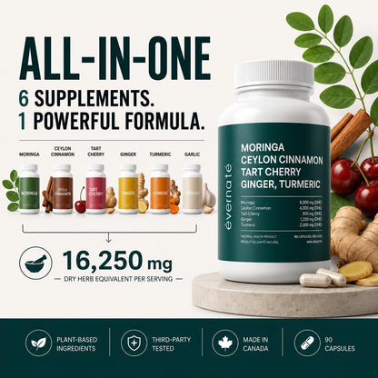 ALL-IN-ONE Moringa 8000 mg with Ceylon Cinnamon 4000 mg, Tart Cherry, Turmeric, Ginger & Garlic (Per Serving: 2 Capsules) – Antioxidant, Detox, Energy & Metabolic Support – Made in Canada - Available at All In One Marketplace Canada
