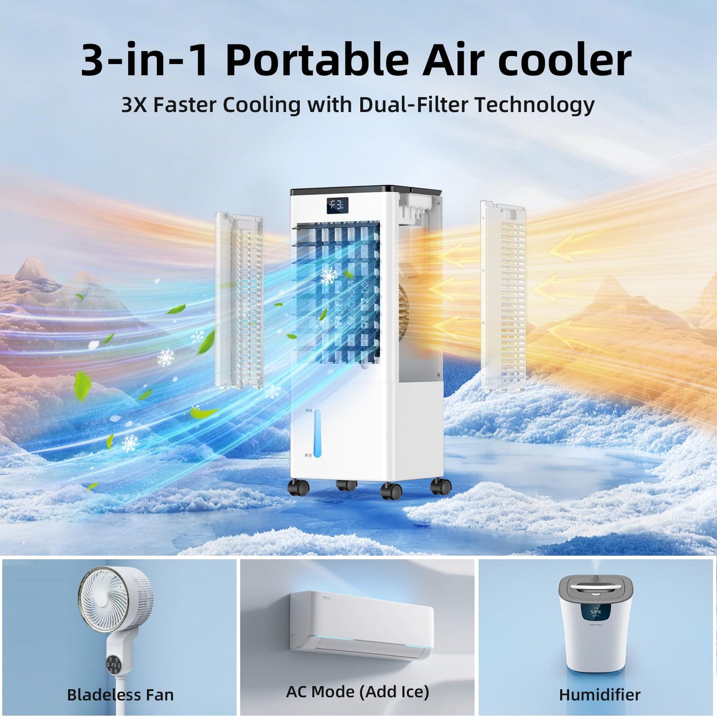 Portable Air Conditioners, Evaporative Air Cooler with Remote & LED Display, 120° Oscillation, 12H Timer, 3 Speeds & 4 Modes, 60W Energy-Efficient, Windowless Swamp Cooler for Bedroom Office Garage - Available at All In One Marketplace Canada