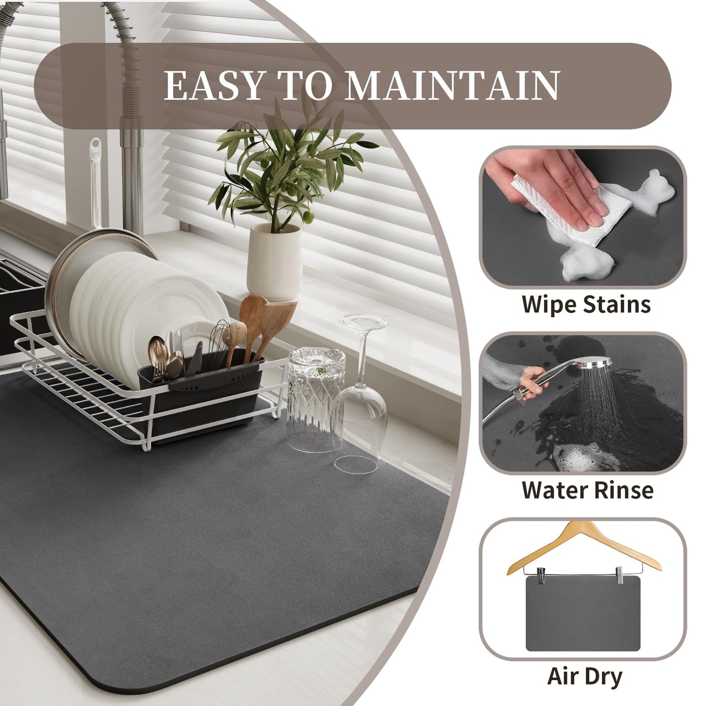 MontVoo-Absorbent Dish Drying Mat-Kitchen Counter Rubber Backed Water Absorbing Drying Mat-Hide Stain Under Dish Mat Quick Dry Coffee Mat-Dark Grey 12''x19'' - Available at All In One Marketplace Canada