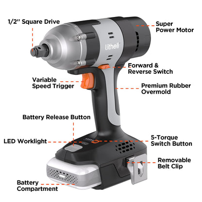 LiTHELi 20V Cordless Impact Wrench Kit with 2.0Ah Battery, 1/2" Hog Ring Impact Gun, Max 295ft-lbs & 3000IPM, 5 Torque Settings, 5 Sockets & Blow Molded Case, for Car Tire, Home Repair & DIY