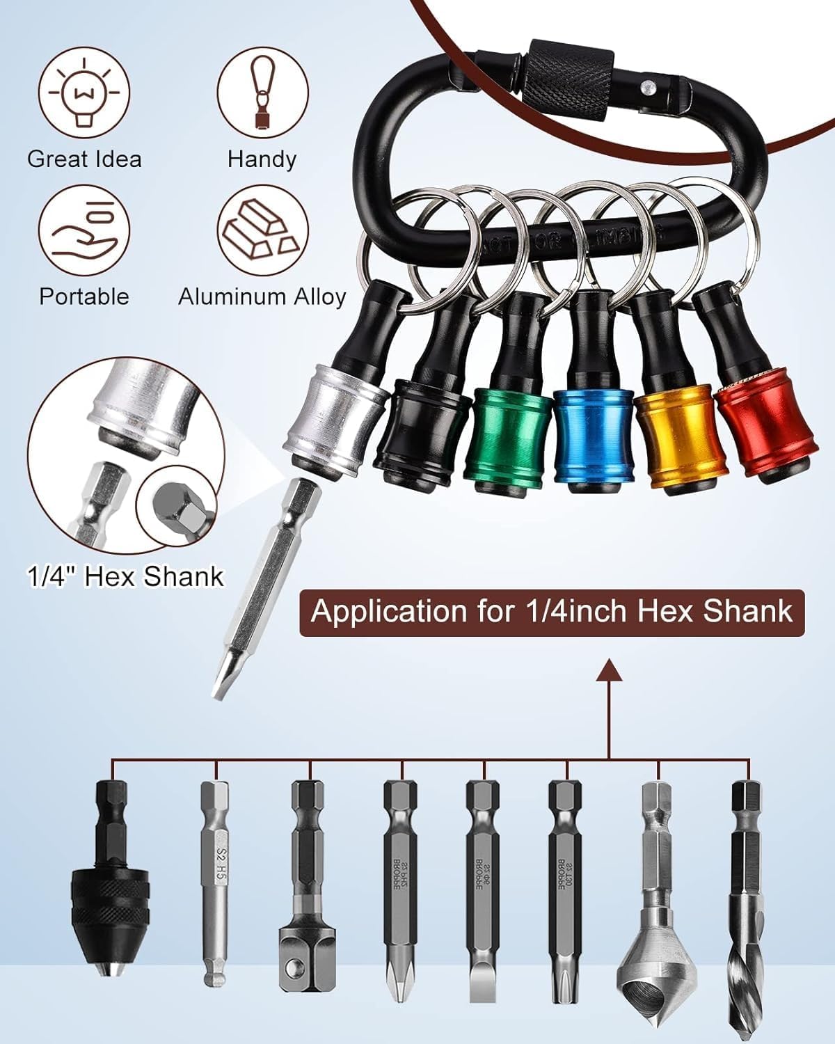 Upgrade, Push to Unlock,katerk 6pcs 1/4 inch Hex Shank Aluminum Alloy Screwdriver Bits Holder Light-weight Quick-change Extension Bar Keychain Drill Screw Adapter Change Portable, With Black Carabiner - Available at All In One Marketplace Canada