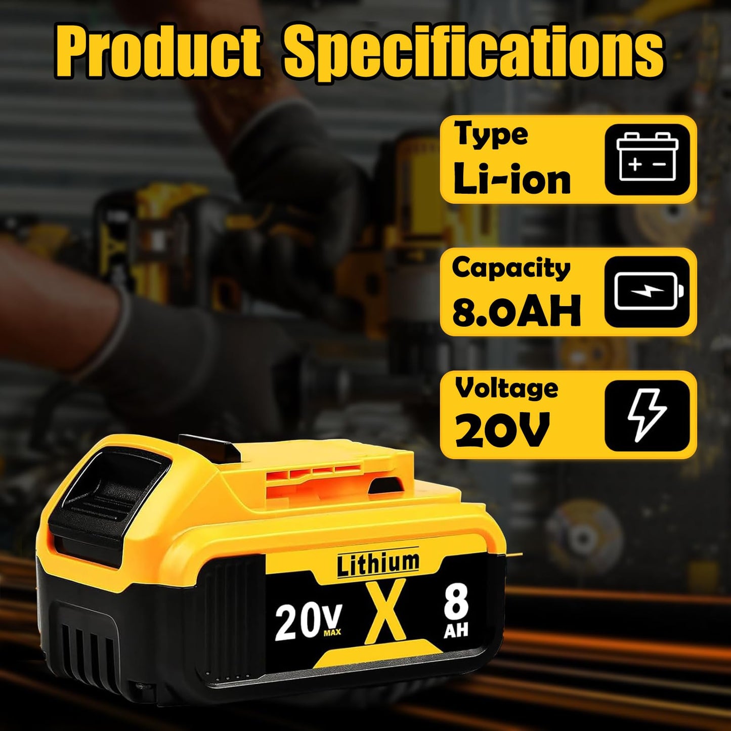 Replacement for Dewalt 20V MAX Battery 8.0Ah 2-Pack - High-Capacity Lithium Batteries Compatible with DCB208, DCB200, DCB206, DCB205, DCB204, DCB203, DCB180 - Longer Runtime for Dewalt Cordless Tools