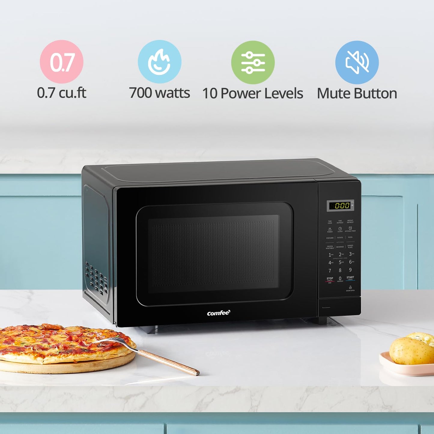 COMFEE' CM-M201K(BK) Countertop Microwave Oven with Express Cook, 6 Preset Menus and Kitchen Timer, 20L, 700W, Black COMFEE'