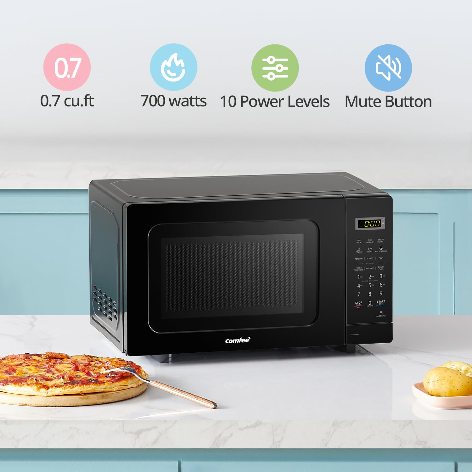 COMFEE' CM-M201K(BK) Countertop Microwave Oven with Express Cook, 6 Preset Menus and Kitchen Timer, 20L, 700W, Black COMFEE'