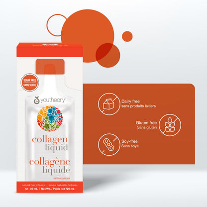 Youtheory Collagen Liquid Natural Berry Flavour, 12 Single Serving Packets, Hydrolyzed Collagen. Supports Hair, Skin, and Nails. Helps Reduce Fine Lines and Eye Wrinkles in 28 Days - Available at All In One Marketplace Canada