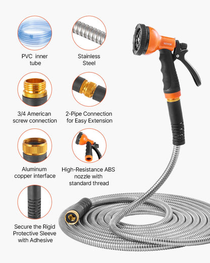 VEVOR Metal Garden Hose 100 ft, Rust Proof Stainless Steel Water Hose, Heavy Duty Backyard Hose with 10 Function Nozzle, No-Kink & Flexible Water Pipe, Lightweight Metal Hose for Yard, Outdoor 🍁 All In One Marketplace Canada