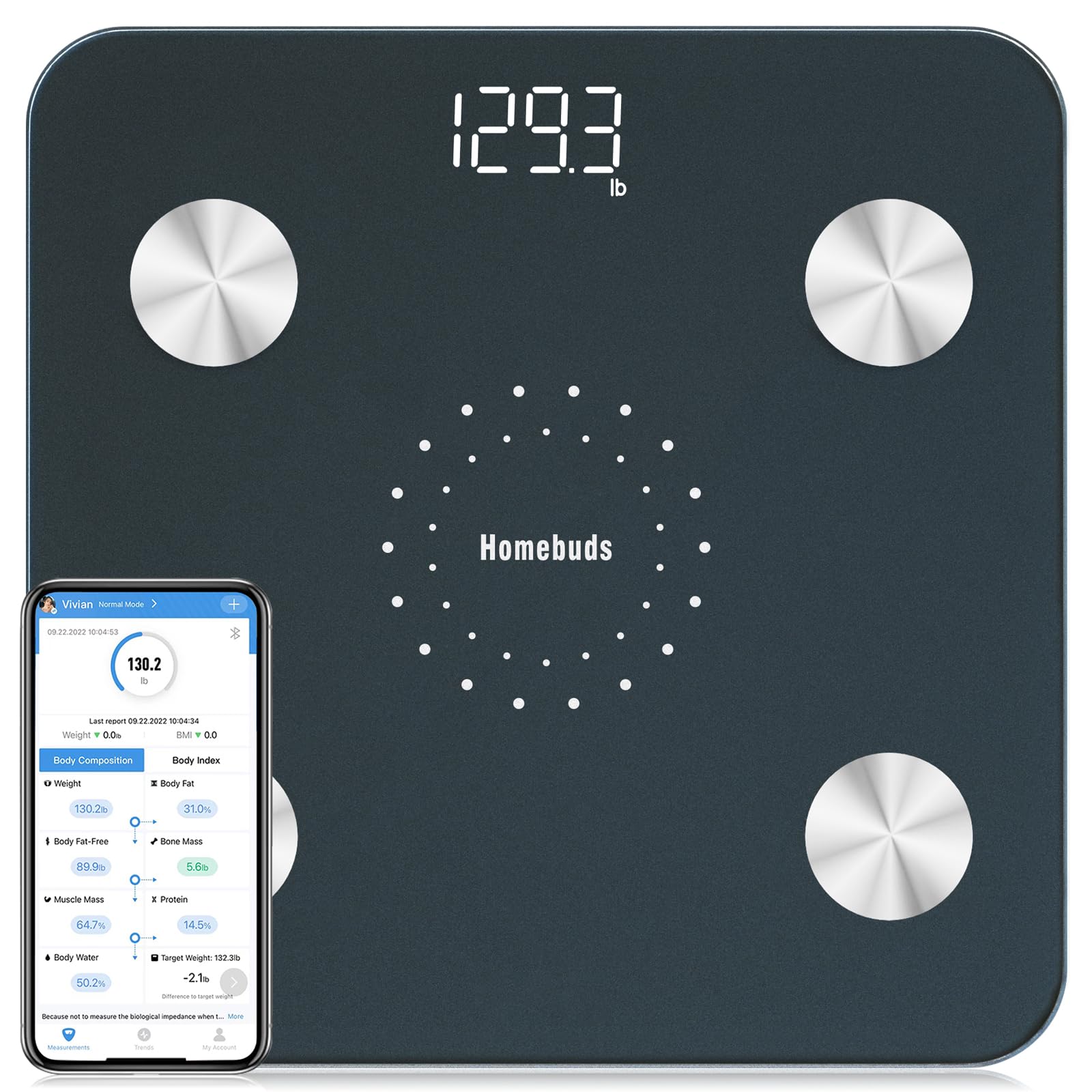 Homebuds Digital Bathroom Scale for Body Weight and Body Fat, Weighing Professional Since 2001, Body Composition Monitor Professional for BMI Fat Water Muscle with App, 400lb, Blue - Available at All In One Marketplace Canada