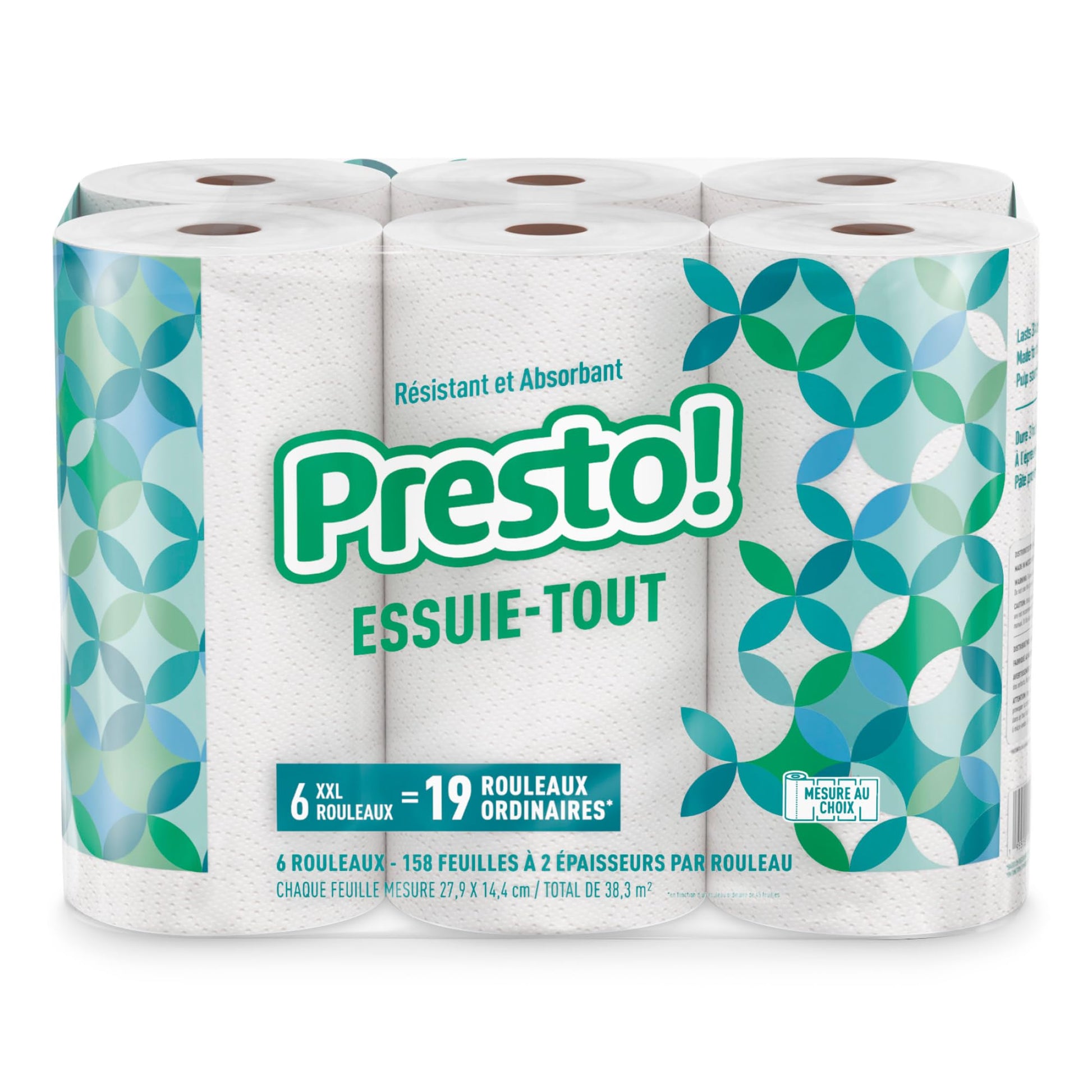 Amazon Brand - Presto! Flex-a-Size Paper Towels, 158-Sheet Huge Roll, 6 Count (Pack of 1), 6 Huge Rolls = 19 Regular Rolls Presto!