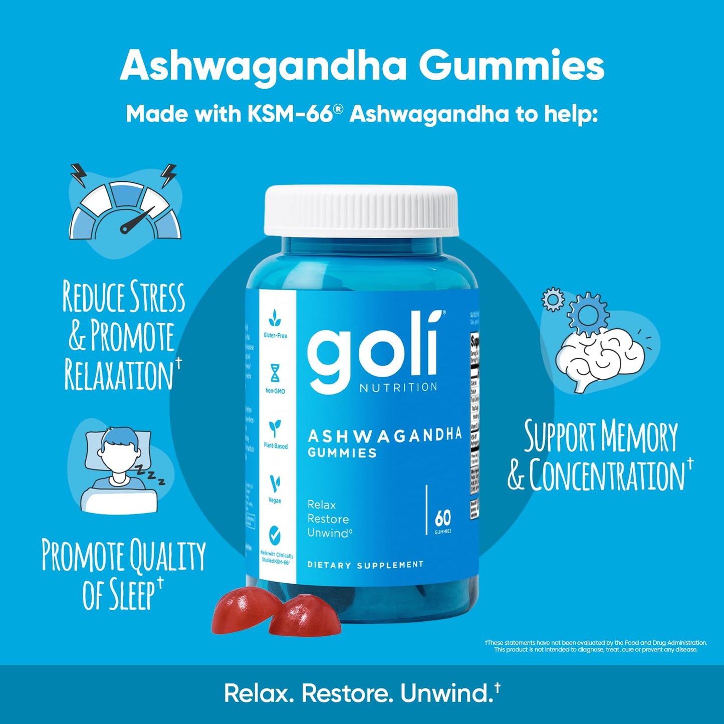 Goli Ashwagandha Gummy | Stress, Athletic Support, Libido | KSM-66, Vegan, Plant Based, Non-GMO, Gluten-Free & Gelatin Free | 60 Count - Available at All In One Marketplace Canada