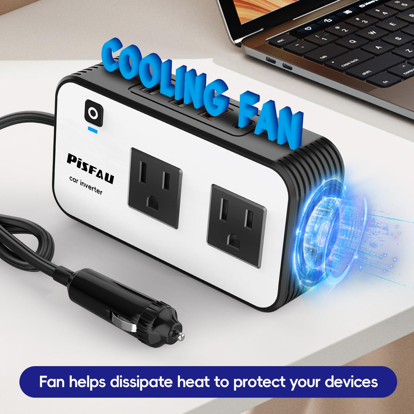 PiSFAU 200W Car Power Inverter, DC 12V to 110V AC Car Plug Adapter Outlet with 4 USB Fast Charging Port, Car Charger Cigarette Lighter Adapter for Laptop - Available at All In One Marketplace Canada